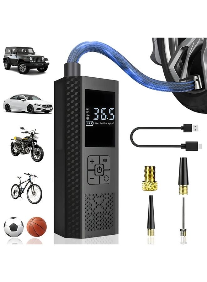 Black Portable Tire Inflator 150 PSI USB Rechargeable With LED Display And Multiple Connectors - Image 1